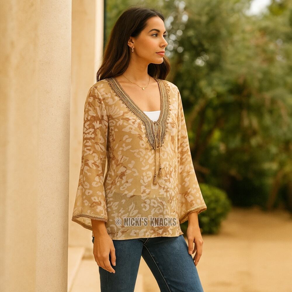 Bella Tu Beaded Tan Animal Print Boho Bell Sleeve Sheer Blouse Top Size XS